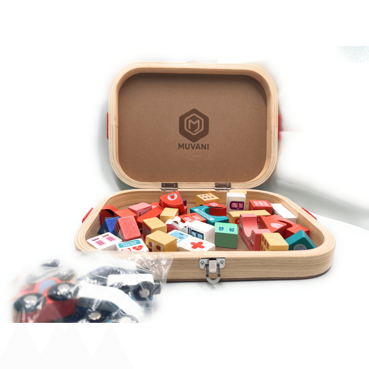 MUVANI Boxed City Wooden Blocks Set, Wooden City Building Blocks with Cars and Roads, Educational Toy