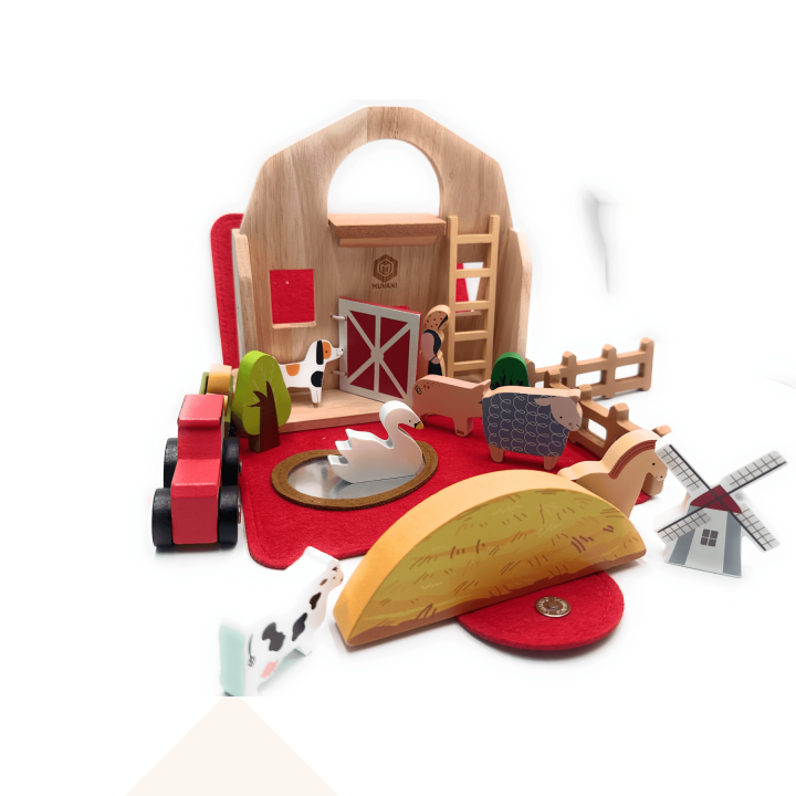 MUVANI Montessori Premium Wooden Farm Playset with Animals and Windmill, Educational Toy, Natural Wood