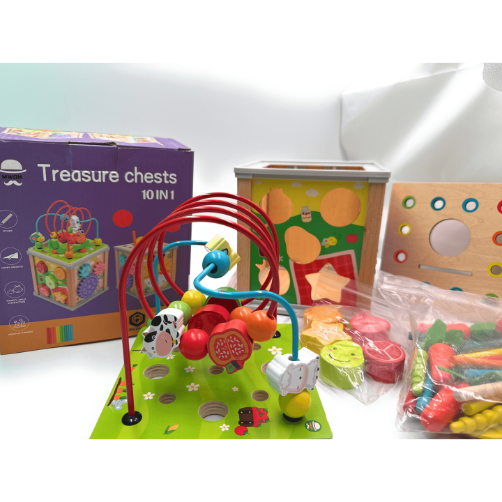MUVANI 10-in-1 Treasure Chest Activity Cube, Wooden, Educational Toy