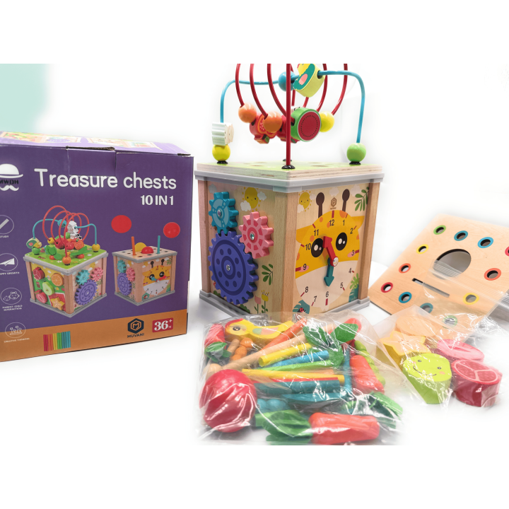MUVANI 10-in-1 Treasure Chest Activity Cube, Wooden, Educational Toy