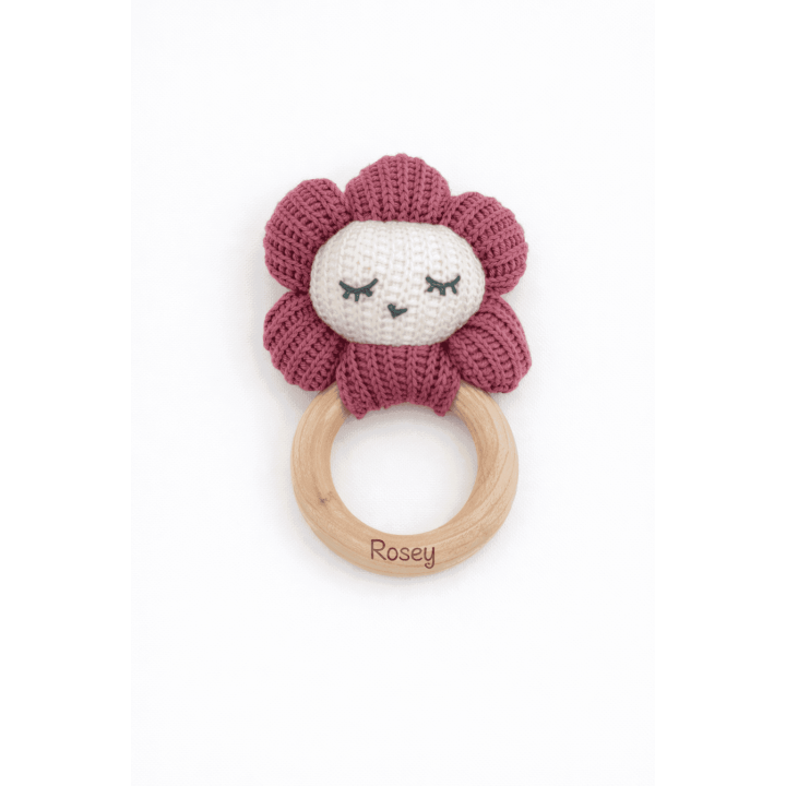 MUVANI Personalized Crochet Flower Teether Rattle | Wood Ring