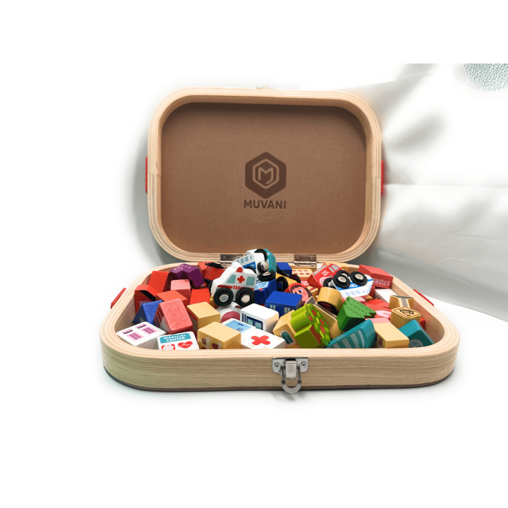 MUVANI Boxed City Wooden Blocks Set, Wooden City Building Blocks with Cars and Roads, Educational Toy