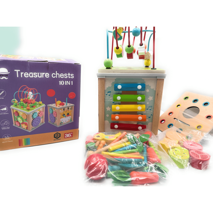 MUVANI 10-in-1 Treasure Chest Activity Cube, Wooden, Educational Toy