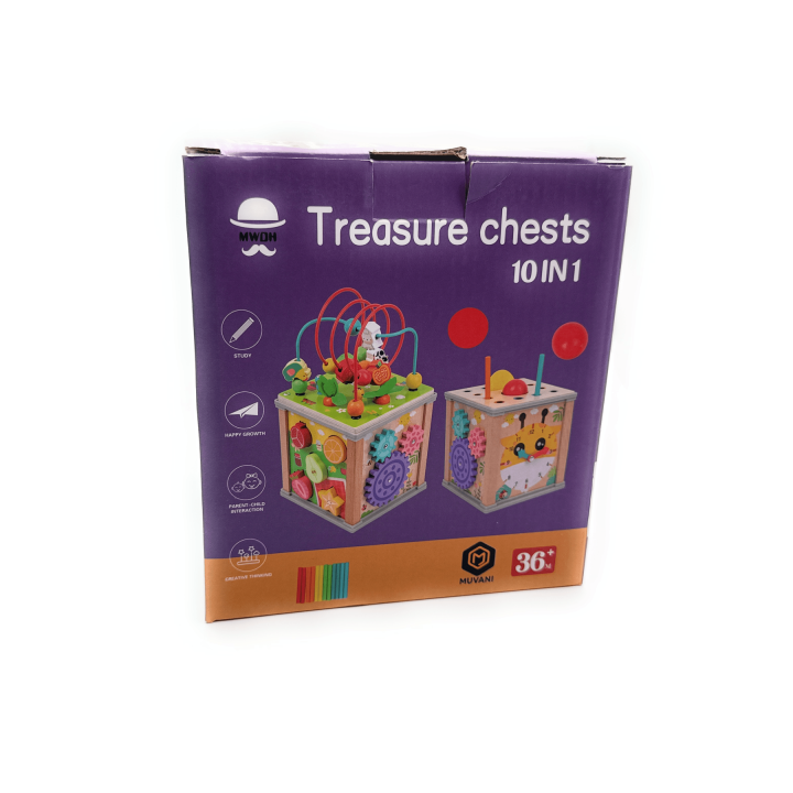MUVANI 10-in-1 Treasure Chest Activity Cube, Wooden, Educational Toy