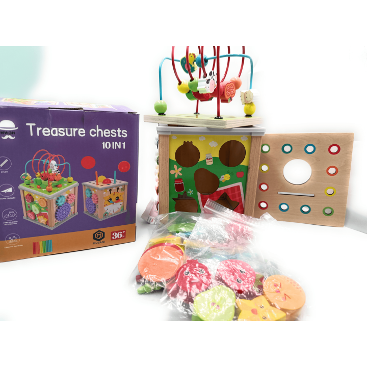 MUVANI 10-in-1 Treasure Chest Activity Cube, Wooden, Educational Toy