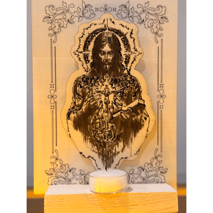 MUVANI Illuminated Sacred Heart 3D Engraved Wooden Panel