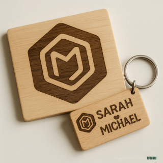 MUVANI Engraved Wooden Keychain and Coaster Set, Personalized Anniversary and Birthday Gift, 5th Year Wedding Keepsake, USA Made