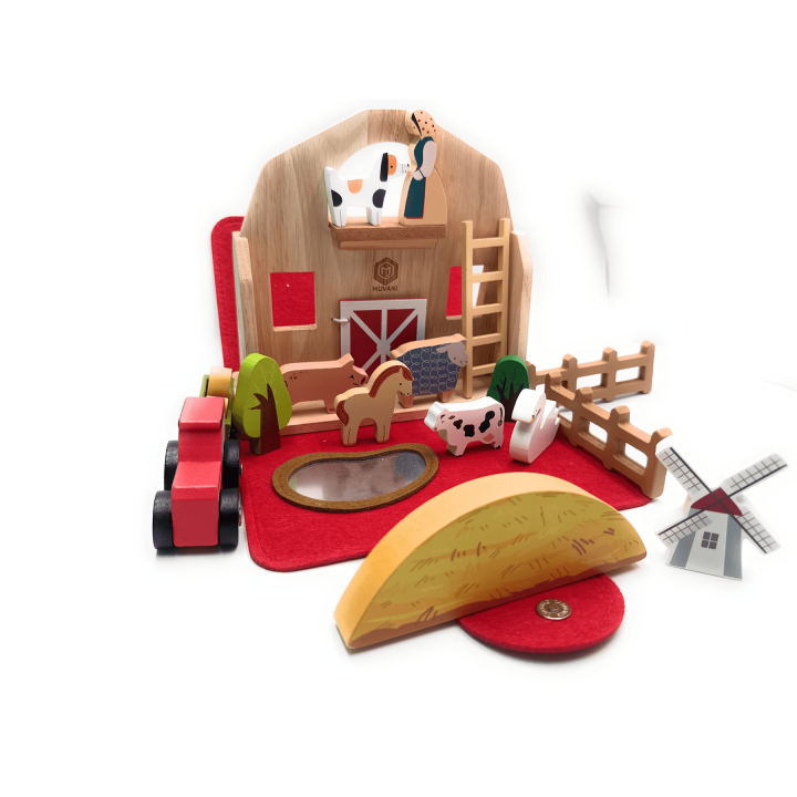 MUVANI Montessori Premium Wooden Farm Playset with Animals and Windmill, Educational Toy, Natural Wood