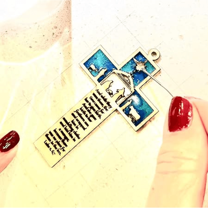 MUVANI Handcrafted Wood and Resin Cross with Nativity Scene, Custom Religious Wall Decor, Blue and Teal Design