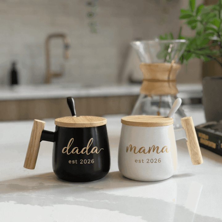 MUVANI Personalized Mama & Dada Mug Set | Wooden Lid + Spoon