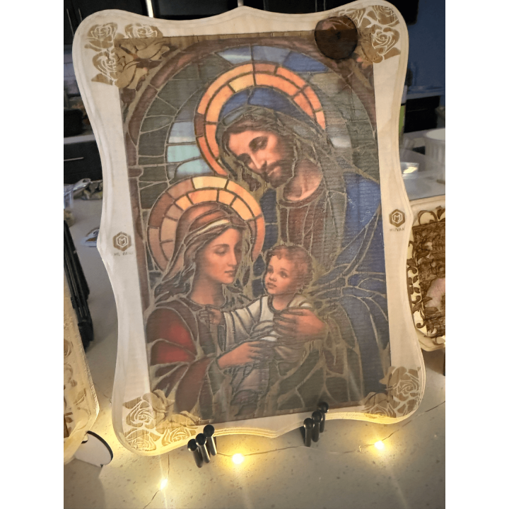 MUVANI Holy Family Stained Glass Style Wood Plaque