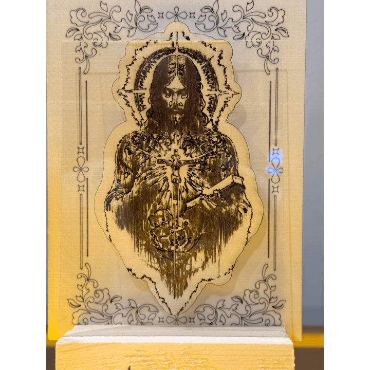 MUVANI Illuminated Sacred Heart 3D Engraved Wooden Panel