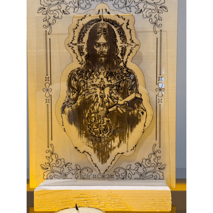 MUVANI Illuminated Sacred Heart 3D Engraved Wooden Panel