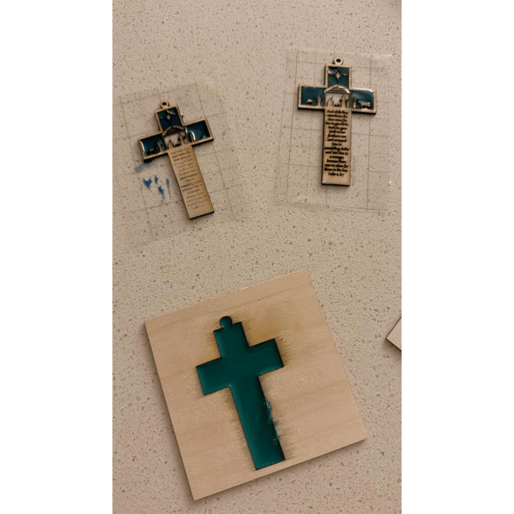 MUVANI Handcrafted Wood and Resin Cross with Nativity Scene, Custom Religious Wall Decor, Blue and Teal Design