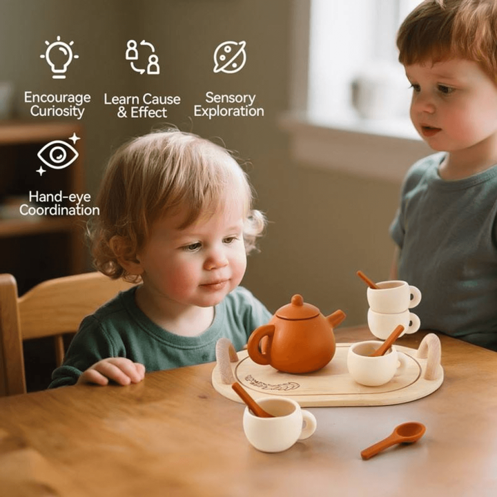 MUVANI Wooden Tea Set Tray | Pretend Play Serving Set